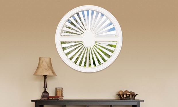 You can cover specialty shaped windows with our Polywood shutters. Circle shaped window in Sacramento